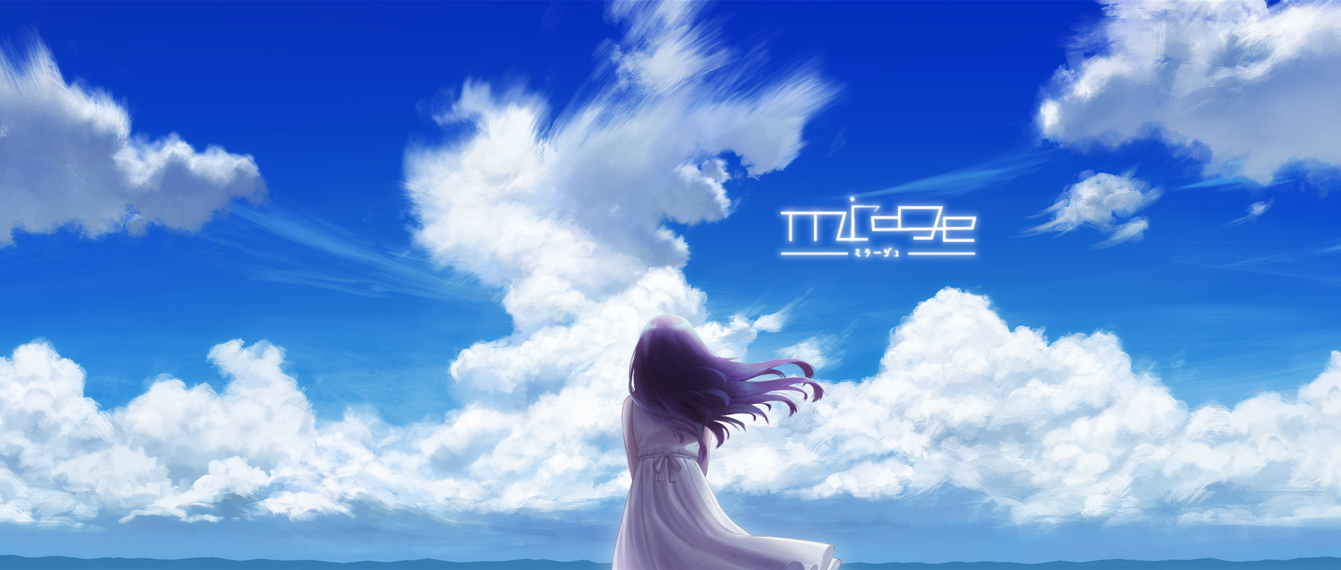 HD anime original desktop wallpaper featuring a girl with flowing hair looking at a vibrant blue sky with wispy clouds.