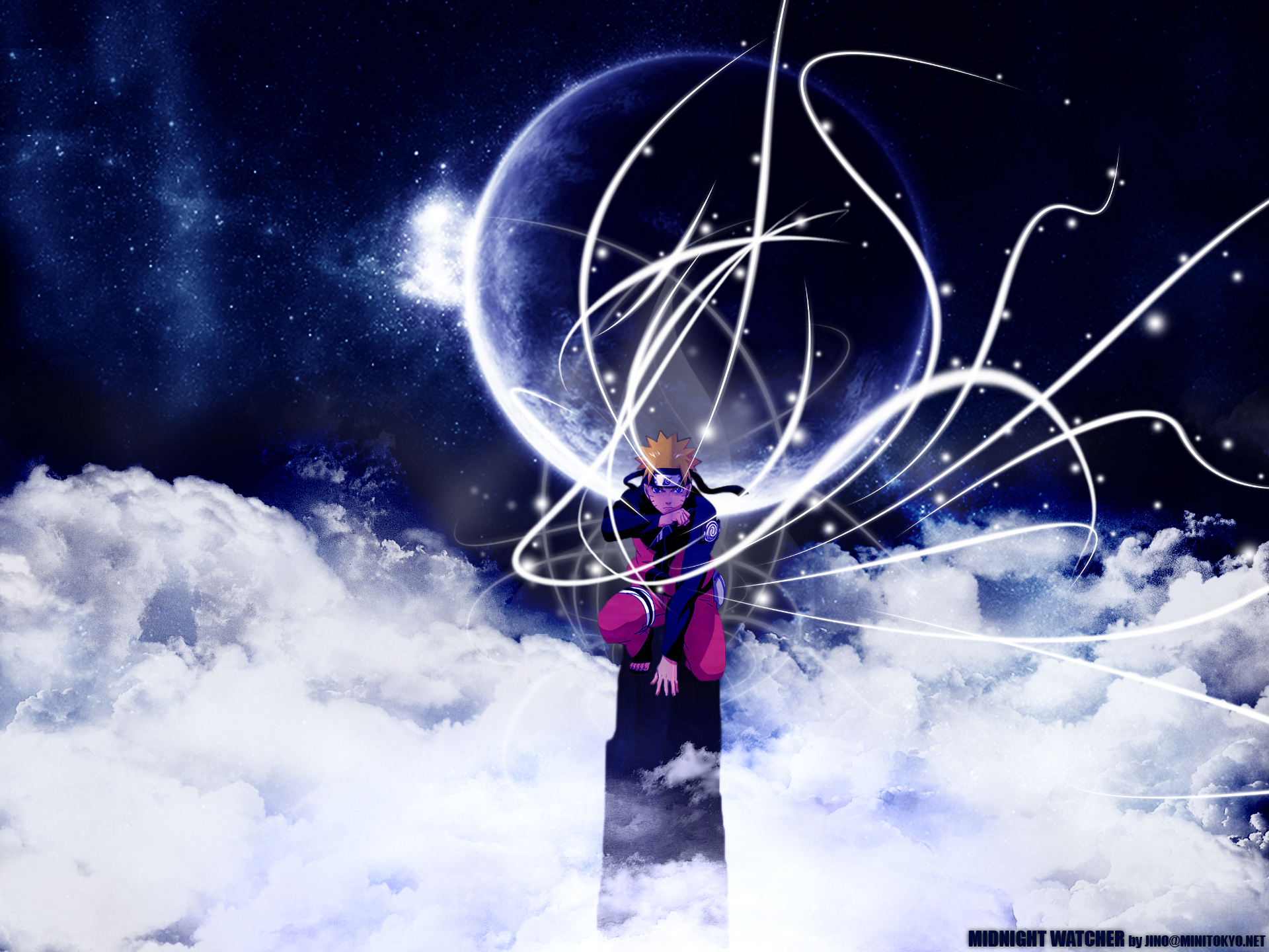 A dynamic HD wallpaper featuring Naruto Uzumaki from the anime Naruto, set against a mystical background of clouds and ethereal light trails in a starry sky.