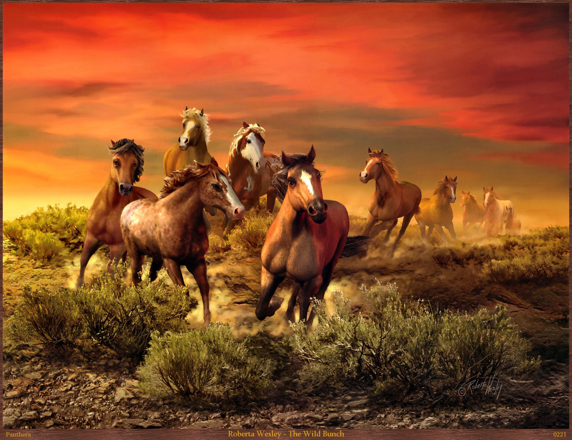 HD PC desktop wallpaper featuring a dynamic herd of horses running across a grassy plain under a vibrant, fiery sunset sky.
