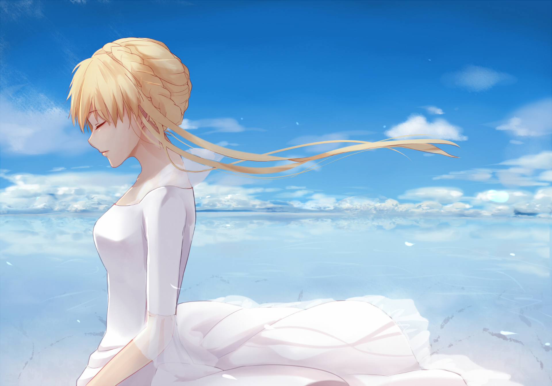 HD PC desktop wallpaper of Asseylum Vers Allusia from the anime Aldnoah.Zero, featuring her with flowing blonde hair against a bright blue sky and soft clouds.