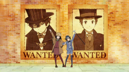 HD desktop wallpaper and background featuring anime characters Satoshi Fukube, Mayaka Ibara, Eru Chitanda, and Hōtarō Oreki from Hyouka, posed in front of WANTED posters on a brick wall.