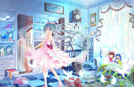 HD desktop wallpaper featuring Hatsune Miku from Vocaloid in an anime style, depicted in a pastel-colored, whimsical room with various decorative elements.