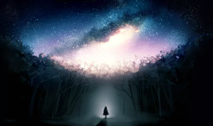A lone figure stands in a forest under a breathtaking starry sky, with the Milky Way illuminating the night in this HD anime-style desktop wallpaper and background.