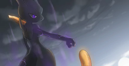 High-definition wallpaper featuring Shadow Mewtwo from Pokémon, poised in a dynamic pose against a dramatic backdrop, showcasing its power from Pokkén Tournament.