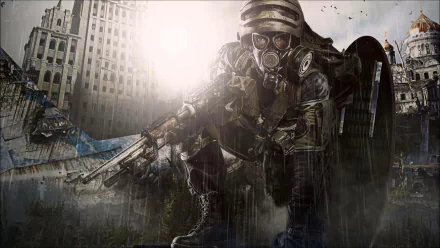 HD PC desktop wallpaper of a gas-mask-clad soldier from the video game Metro Last Light Redux, crouching with a rifle amid a ruined cityscape in rain and dramatic light.