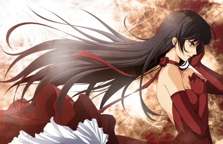 Anime-inspired HD desktop wallpaper featuring a character with long hair in a striking red outfit, set against a dynamic, abstract background. Original design captures vibrant energy.