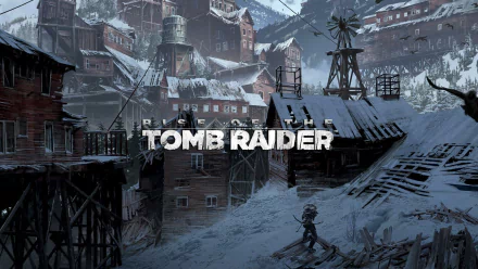 HD PC desktop wallpaper featuring a snowy, abandoned village from the video game Rise of the Tomb Raider with the game title prominently displayed.