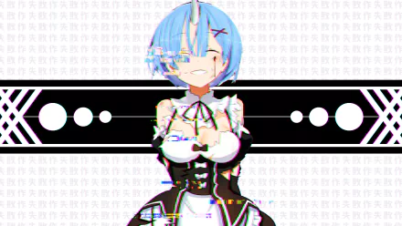 HD desktop wallpaper of Rem from the anime Re:Zero - Starting Life in Another World, showcasing her in a maid outfit against a background with patterned text.