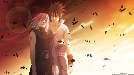 HD anime wallpaper featuring Sasuke Uchiha and Sakura Haruno from Naruto, set against a dramatic, fiery sky background with scattered black particles.