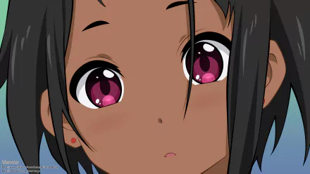 Close-up of an anime character with dark skin and vibrant pink eyes from Tamako Market by Choi Mochimazzi, presented as an HD PC desktop wallpaper and background.