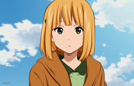 HD anime desktop wallpaper featuring Midori Tokiwa from Tamako Market, set against a bright blue sky with scattered clouds.