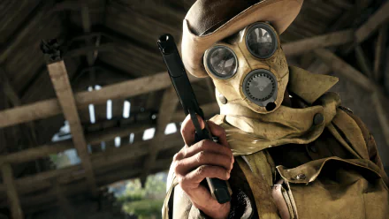 A gas-masked soldier from the video game Battlefield 1 holds a handgun against a backdrop of a rustic wooden structure. This HD desktop wallpaper captures the intense atmosphere of World War I.