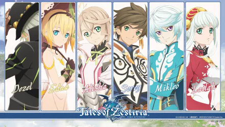 HD wallpaper featuring characters Lailah, Edna, Dezel, Sorey, Alisha, and Mikleo from the anime Tales of Zestiria the X. Bright and colorful design showcasing key figures from the series.