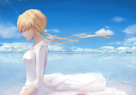 HD PC desktop wallpaper of Asseylum Vers Allusia from the anime Aldnoah.Zero, featuring her with flowing blonde hair against a bright blue sky and soft clouds.