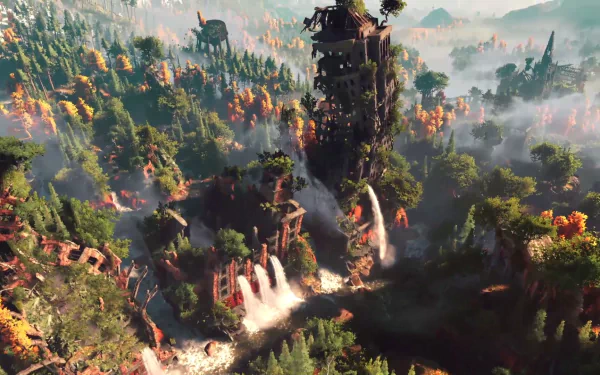 HD PC desktop wallpaper showcasing a lush, vibrant landscape from the video game Horizon Zero Dawn, featuring towering ruins and robotic creatures amidst dense forests.