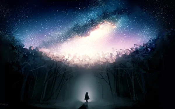A lone figure stands in a forest under a breathtaking starry sky, with the Milky Way illuminating the night in this HD anime-style desktop wallpaper and background.