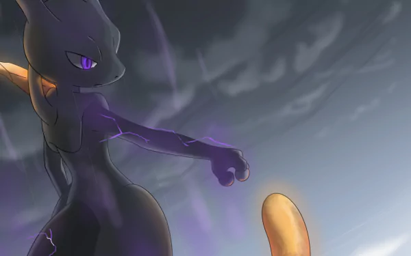 High-definition wallpaper featuring Shadow Mewtwo from Pokémon, poised in a dynamic pose against a dramatic backdrop, showcasing its power from Pokkén Tournament.