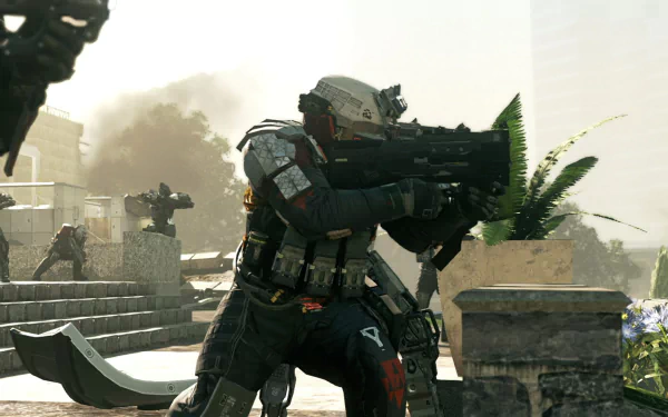 HD PC desktop wallpaper featuring a soldier in futuristic armor aiming a weapon in a combat scene from the video game Call of Duty: Infinite Warfare.
