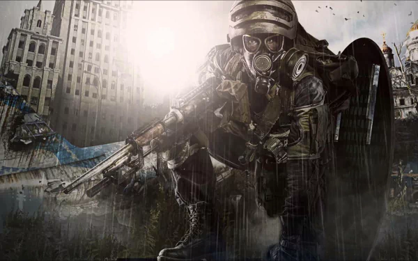 HD PC desktop wallpaper of a gas-mask-clad soldier from the video game Metro Last Light Redux, crouching with a rifle amid a ruined cityscape in rain and dramatic light.
