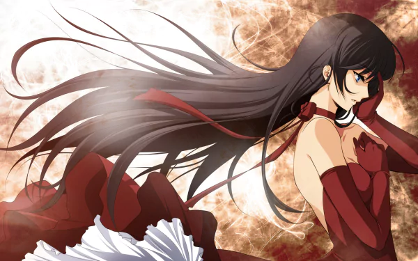 Anime-inspired HD desktop wallpaper featuring a character with long hair in a striking red outfit, set against a dynamic, abstract background. Original design captures vibrant energy.