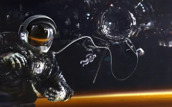 Sci-fi HD desktop wallpaper of an astronaut in space, tethered to a spacecraft, against a dark backdrop with a hint of a distant planet's surface, tagged with Mars and space.