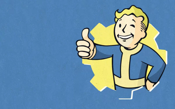 HD desktop wallpaper featuring Vault Boy from Fallout 4 Season Pass, against a blue background with a yellow gear shape framing Vault Boy, giving a thumbs-up with a cheerful expression.