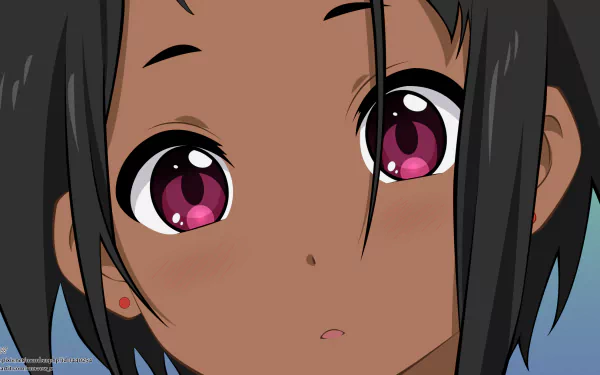 Close-up of an anime character with dark skin and vibrant pink eyes from Tamako Market by Choi Mochimazzi, presented as an HD PC desktop wallpaper and background.