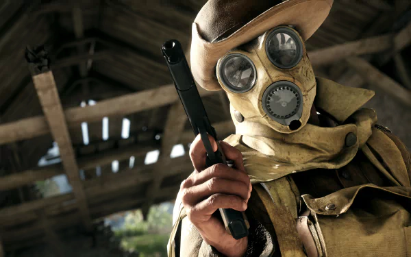 A gas-masked soldier from the video game Battlefield 1 holds a handgun against a backdrop of a rustic wooden structure. This HD desktop wallpaper captures the intense atmosphere of World War I.