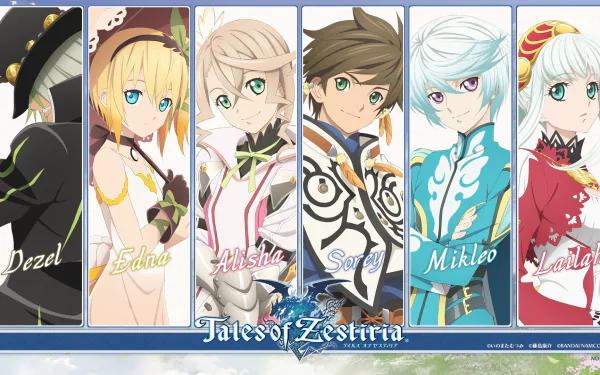 HD wallpaper featuring characters Lailah, Edna, Dezel, Sorey, Alisha, and Mikleo from the anime Tales of Zestiria the X. Bright and colorful design showcasing key figures from the series.
