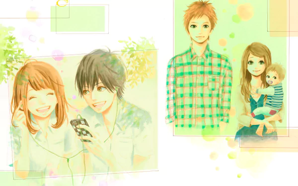 HD wallpaper featuring characters Hiroto Suwa, Kakeru Naruse, and Naho Takamiya in an anime style, adorned with soft orange hues and a vibrant, colorful background.
