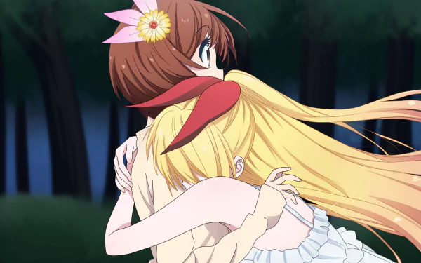 HD anime desktop wallpaper featuring Marika Tachibana and Chitoge Kirisaki from Nisekoi sharing an emotional hug against a dark forest background.