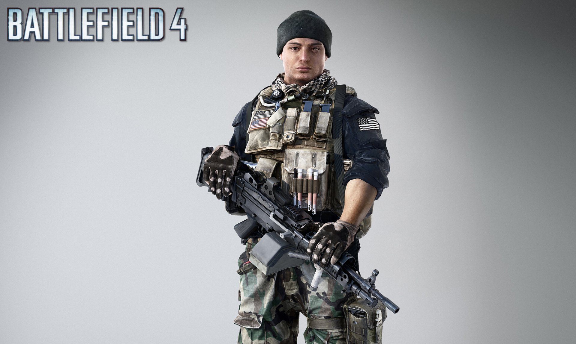 Video game Battlefield 4 HD PC desktop wallpaper: a modern soldier in tactical gear and camo holding an assault rifle against a neutral gray background with the Battlefield 4 logo.