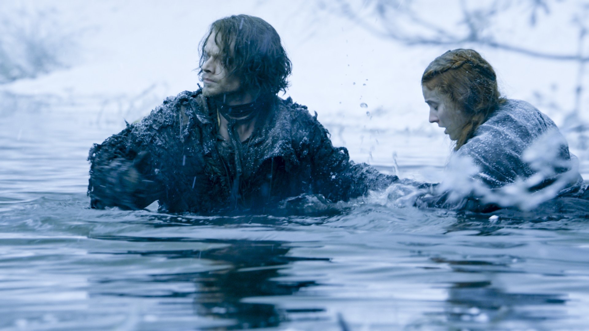 HD Game of Thrones desktop wallpaper featuring Theon Greyjoy (Alfie Allen) and Sansa Stark (Sophie Turner) in a tense water scene from the TV show.