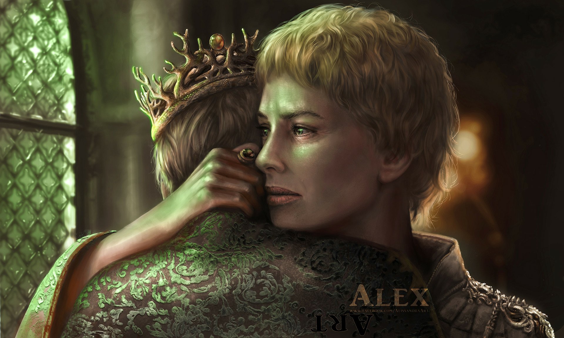 HD PC desktop wallpaper of Cersei Lannister from the TV show Game of Thrones: short-haired Cersei embraces a crowned figure in a dim, ornate throne-room, eyes stern.