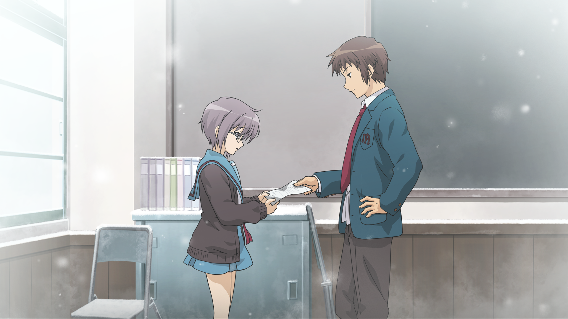 HD anime desktop wallpaper depicting Kyon and Yuki Nagato from The Melancholy of Haruhi Suzumiya standing in a softly lit classroom.