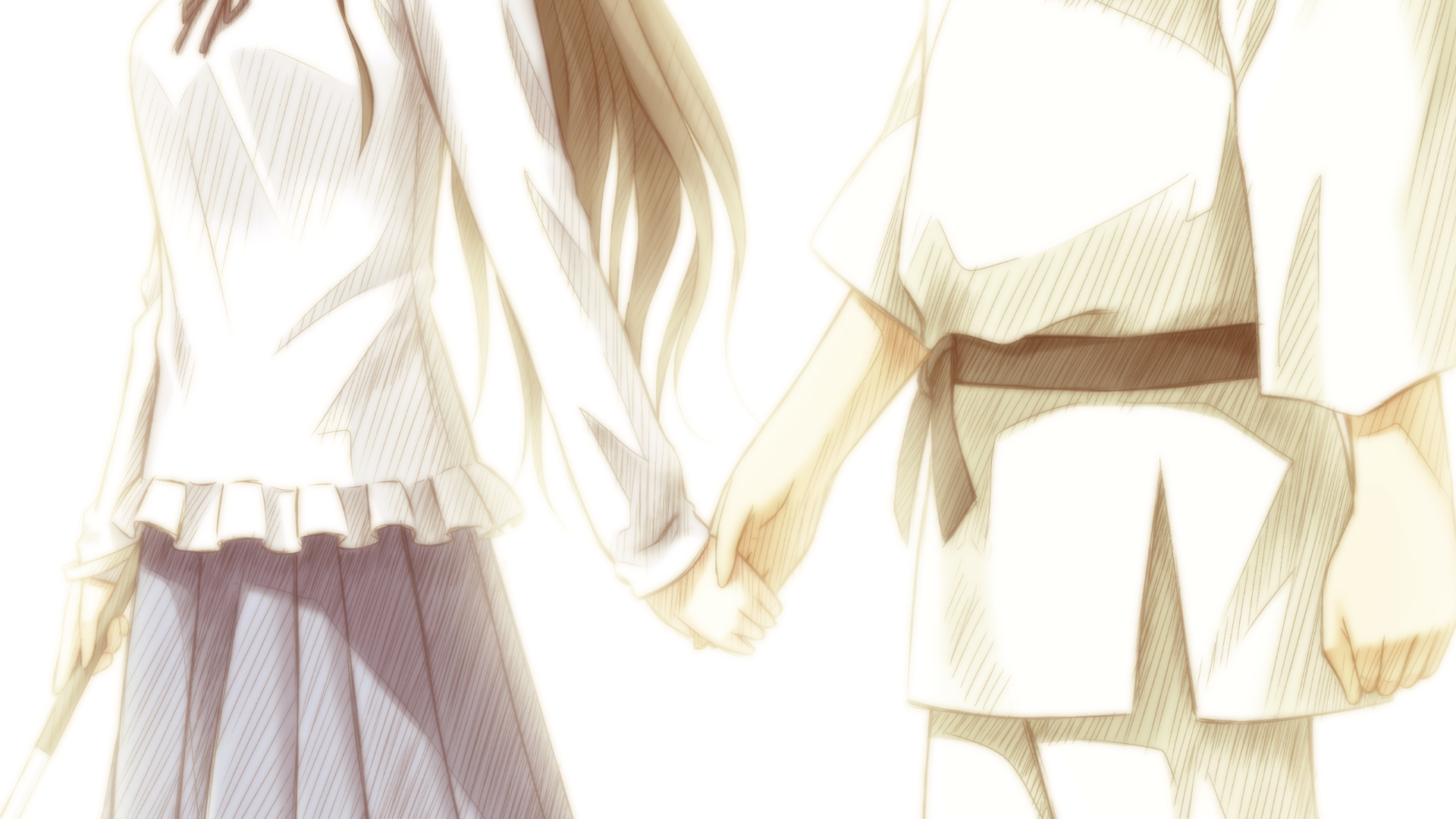 Matsushita (Angel Beats!) holding hands with another character in a soft pastel anime scene — HD PC desktop wallpaper background.