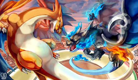 HD desktop wallpaper featuring Mega Charizard X and Mega Charizard Y in a fierce battle, with Charizard in the background. The scene captures the dynamic and intense moment from the Pokémon anime series.