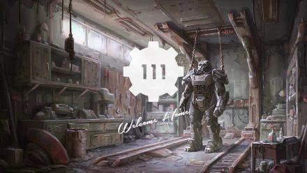 A detailed HD wallpaper featuring Vault 111 from Fallout 4, showcasing Power Armor in a dimly lit workshop environment, highlighting the game's iconic post-apocalyptic aesthetic.