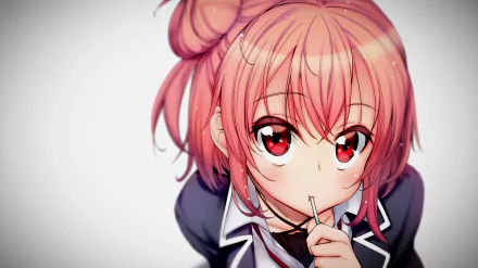 A vibrant HD wallpaper featuring Yui Yuigahama from the anime My Teen Romantic Comedy SNAFU, showcasing her playful expression and signature pink hair.