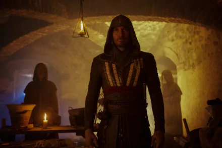 A dramatic scene from the movie Assassin's Creed, featuring Michael Fassbender in a hooded outfit, set in a dimly lit interior with mysterious figures in the background.