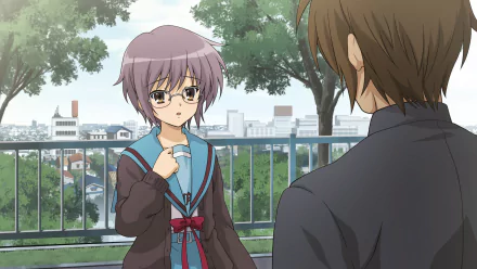 HD PC desktop anime wallpaper showing Yuki Nagato and Kyon from The Melancholy of Haruhi Suzumiya on a rooftop balcony, Yuki in glasses facing Kyon.