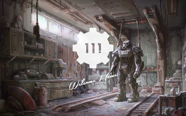 A detailed HD wallpaper featuring Vault 111 from Fallout 4, showcasing Power Armor in a dimly lit workshop environment, highlighting the game's iconic post-apocalyptic aesthetic.