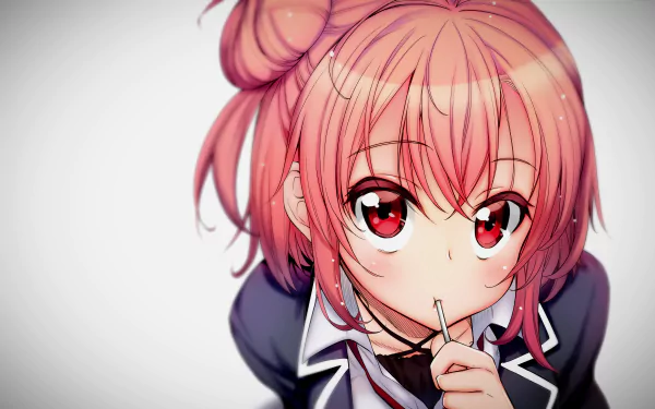 A vibrant HD wallpaper featuring Yui Yuigahama from the anime My Teen Romantic Comedy SNAFU, showcasing her playful expression and signature pink hair.
