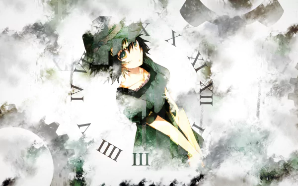 A high-definition wallpaper featuring Mayuri Shiina from the anime Steins;Gate, surrounded by a misty background and clock elements, creating a captivating, time-themed atmosphere.