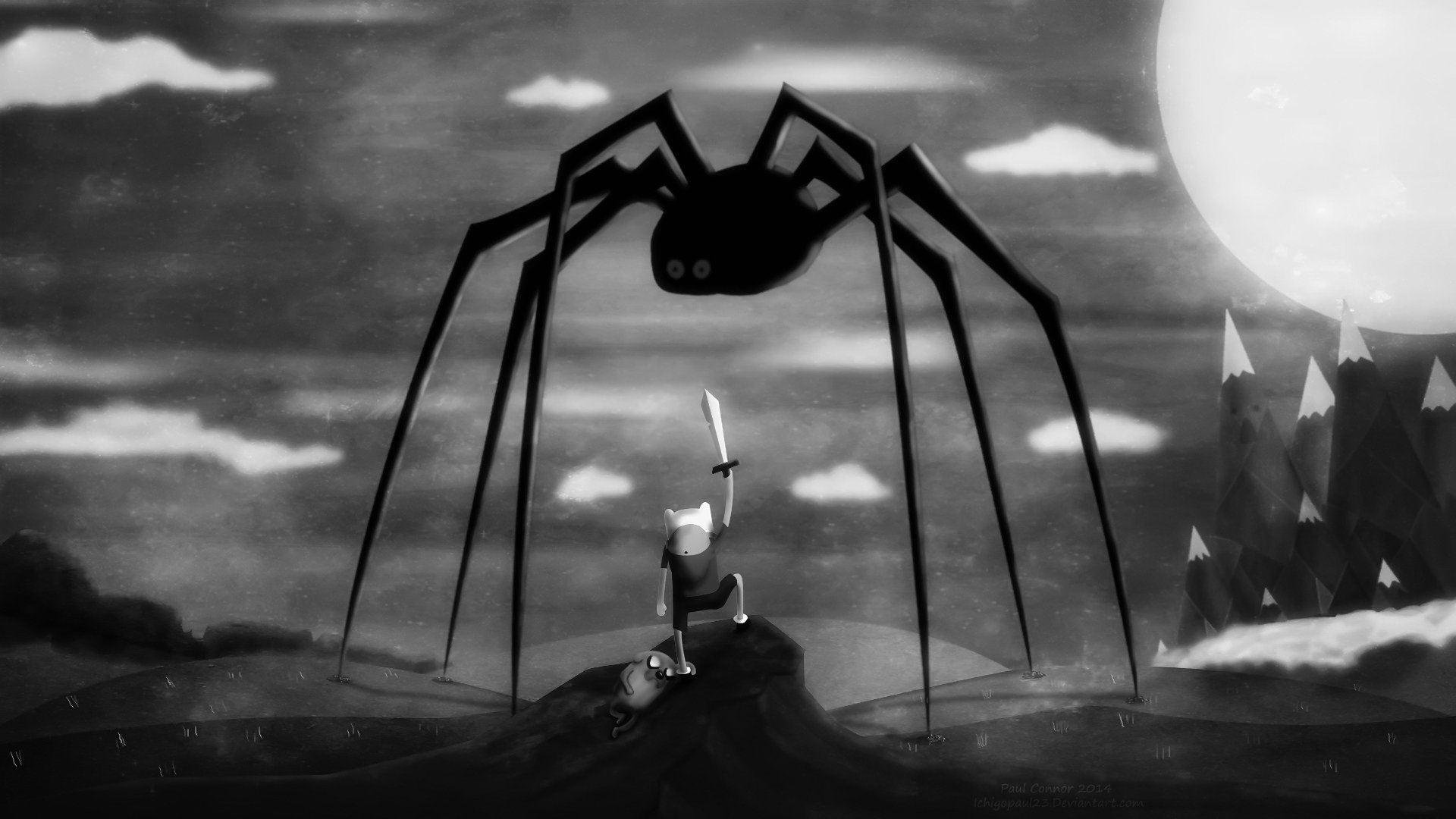 HD desktop wallpaper featuring a dark Limbo-style crossover scene with Finn from Adventure Time facing a large spider in a monochrome, eerie landscape.
