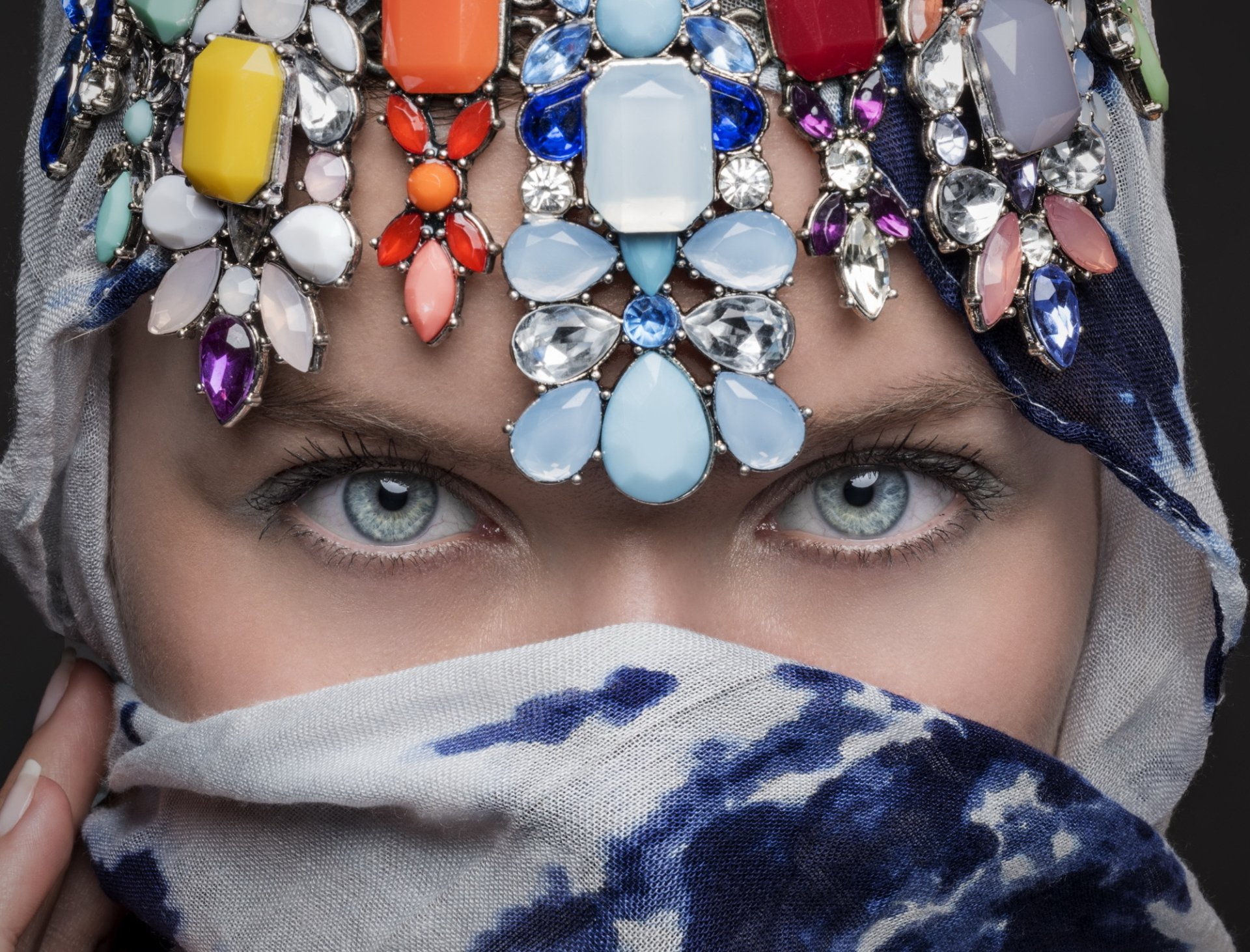 HD PC desktop wallpaper/background: close-up of a veiled woman with piercing blue eyes and an ornate jeweled headpiece, scarf covering her lower face.