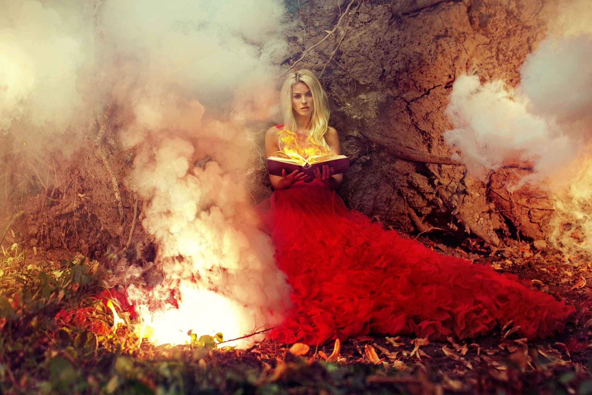 Download Red Dress Fire Book Blonde Fantasy Woman HD Wallpaper