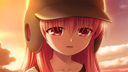 HD PC desktop wallpaper of Yui from Angel Beats!, showcasing her with pink hair and red eyes under a warm, glowing sunset sky.