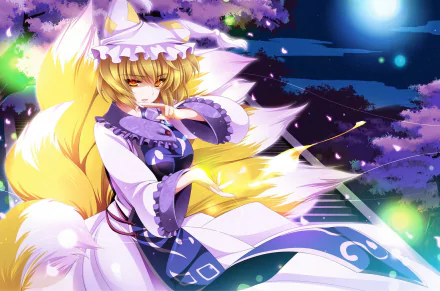 HD anime wallpaper featuring Ran Yakumo from Touhou with short blonde hair, yellow eyes, and a large fluffy tail under a glowing moonlit sky.