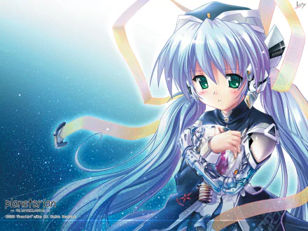 Yumemi Hoshino from Planetarian: The Reverie of a Little Planet anime, depicted with flowing blue hair and a serene expression in an HD PC desktop wallpaper.